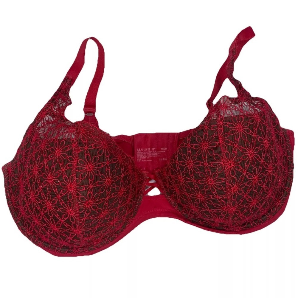 Vassarette Daisy Lace Overlay Bra Lined Underwire 38DD Red Sexy Lingerie Padded